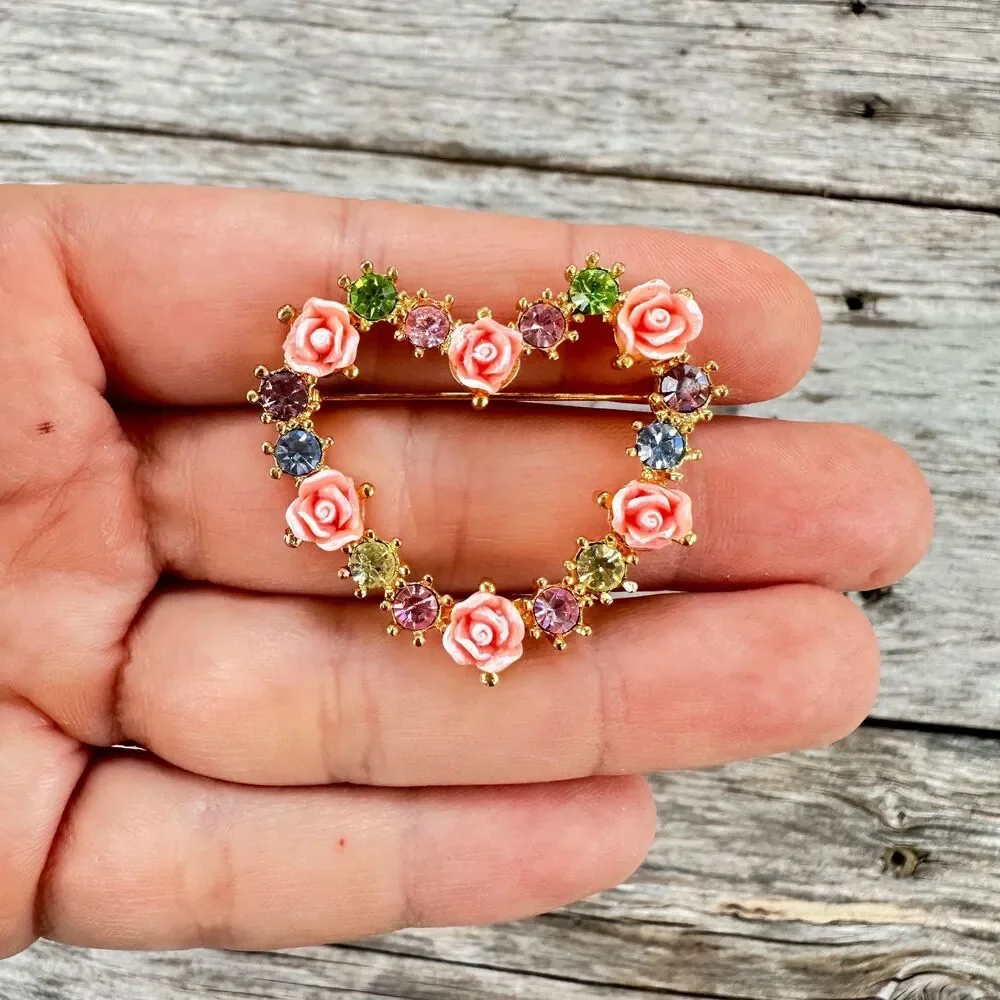 Vintage Avon Rose Heart Brooch Flower Heart Pin